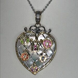 Genuine Multi Gemstone Padlocks MOP Over Heart Statement Pendant Necklace